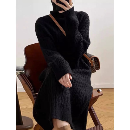 秋冬裝高領扭花慵懶羊絨針織衫女韓版長款過膝寬松長袖打底連衣裙 秋冬裝高領扭花慵懶羊絨針織衫女韓版長款過膝寬松長袖打底連衣裙