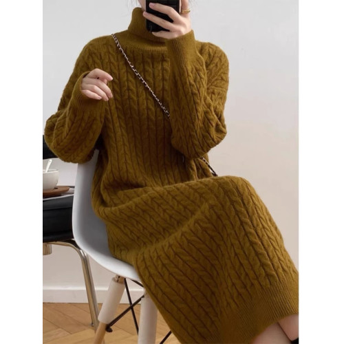 秋冬裝高領扭花慵懶羊絨針織衫女韓版長款過膝寬松長袖打底連衣裙 秋冬裝高領扭花慵懶羊絨針織衫女韓版長款過膝寬松長袖打底連衣裙