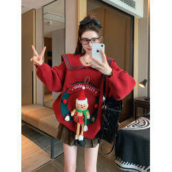 紅色立體玩偶套頭毛衣女冬季新年加厚設計感小衆重工娃娃領針織衫
