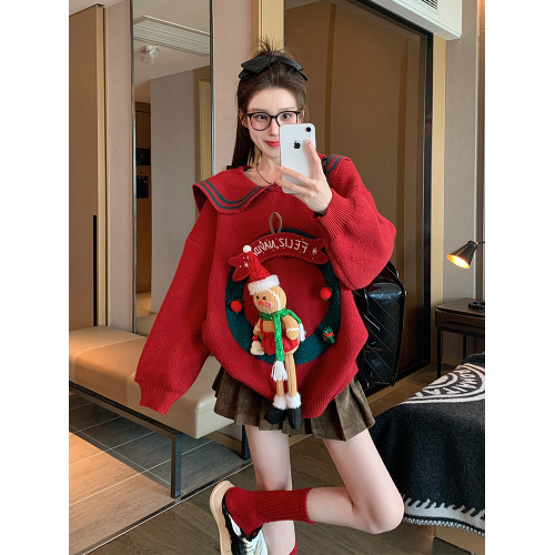 紅色立體玩偶套頭毛衣女冬季新年加厚設計感小衆重工娃娃領針織衫 紅色立體玩偶套頭毛衣女冬季新年加厚設計感小衆重工娃娃領針織衫