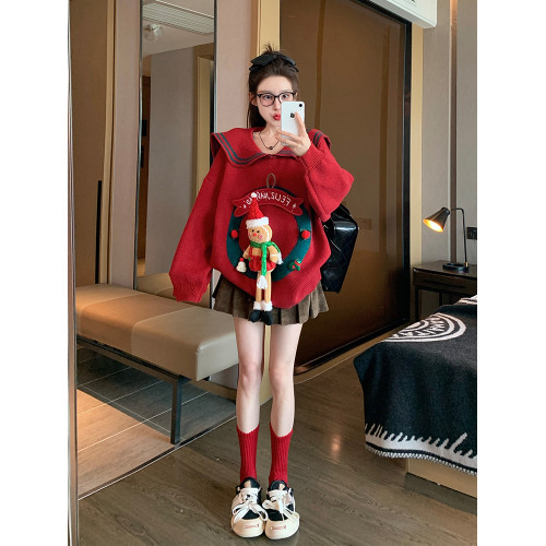 紅色立體玩偶套頭毛衣女冬季新年加厚設計感小衆重工娃娃領針織衫 紅色立體玩偶套頭毛衣女冬季新年加厚設計感小衆重工娃娃領針織衫
