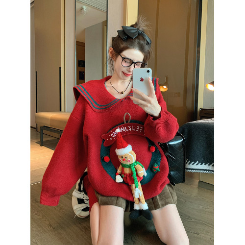 紅色立體玩偶套頭毛衣女冬季新年加厚設計感小衆重工娃娃領針織衫 紅色立體玩偶套頭毛衣女冬季新年加厚設計感小衆重工娃娃領針織衫