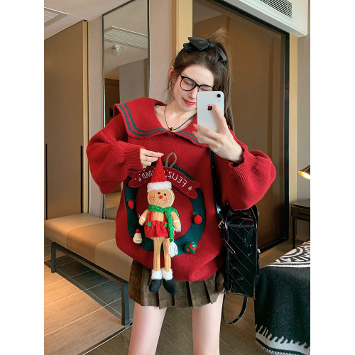 紅色立體玩偶套頭毛衣女冬季新年加厚設計感小衆重工娃娃領針織衫 紅色立體玩偶套頭毛衣女冬季新年加厚設計感小衆重工娃娃領針織衫