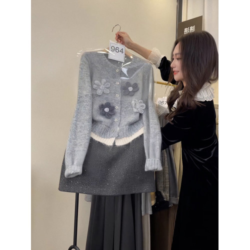 氣質時髦小香風灰色提花針織毛衣開衫外套女2025春秋新款減齡上衣 氣質時髦小香風灰色提花針織毛衣開衫外套女2025春秋新款減齡上衣