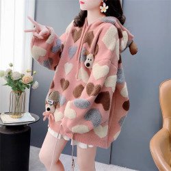 慵懶風可愛減齡愛心提花連帽毛衣女秋冬2024新款寬松加厚針織外套