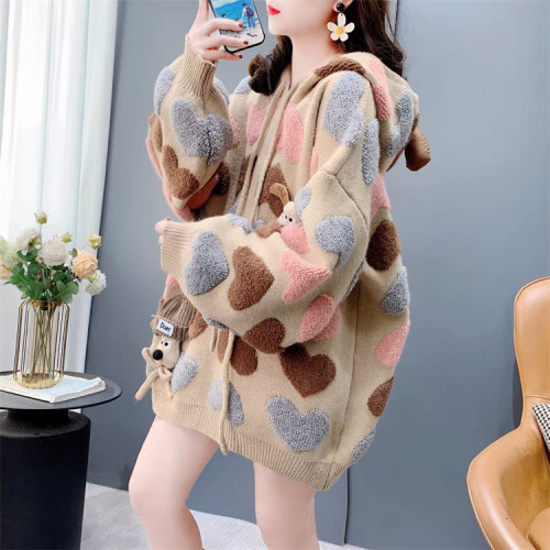 慵懶風可愛減齡愛心提花連帽毛衣女秋冬2024新款寬松加厚針織外套 慵懶風可愛減齡愛心提花連帽毛衣女秋冬2024新款寬松加厚針織外套