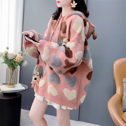 慵懶風可愛減齡愛心提花連帽毛衣女秋冬2024新款寬松加厚針織外套 慵懶風可愛減齡愛心提花連帽毛衣女秋冬2024新款寬松加厚針織外套