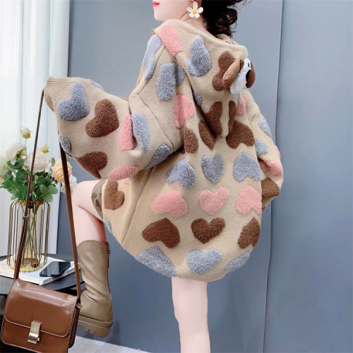 慵懶風可愛減齡愛心提花連帽毛衣女秋冬2024新款寬松加厚針織外套 慵懶風可愛減齡愛心提花連帽毛衣女秋冬2024新款寬松加厚針織外套