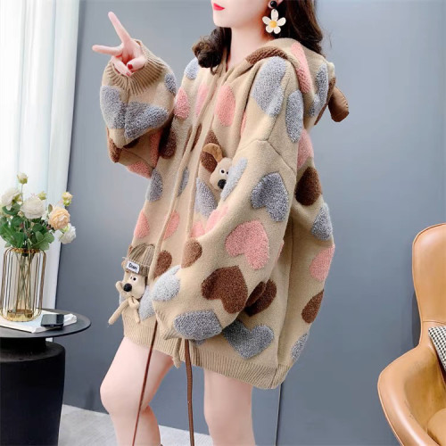 慵懶風可愛減齡愛心提花連帽毛衣女秋冬2024新款寬松加厚針織外套 慵懶風可愛減齡愛心提花連帽毛衣女秋冬2024新款寬松加厚針織外套