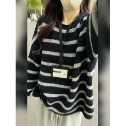 撞色條紋圓領套頭毛衣女秋冬寬松慵懶風中長款針織衫獨特漂亮上衣