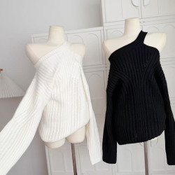 林夏夏 巨好看掛脖斜肩設計感寬松毛衣慵懶感外穿坑條針織衫上衣