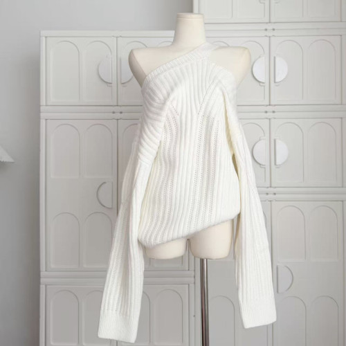 林夏夏 巨好看掛脖斜肩設計感寬松毛衣慵懶感外穿坑條針織衫上衣