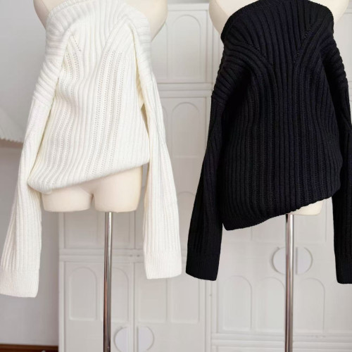 林夏夏 巨好看掛脖斜肩設計感寬松毛衣慵懶感外穿坑條針織衫上衣