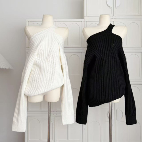 林夏夏 巨好看掛脖斜肩設計感寬松毛衣慵懶感外穿坑條針織衫上衣