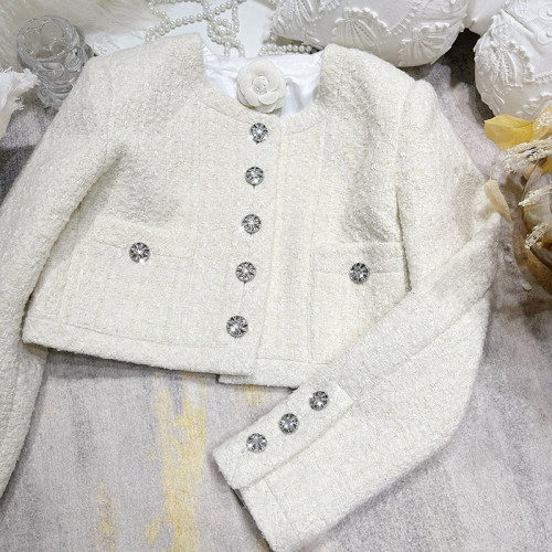 FFmiss◆白色羊毛呢編織圓領短外套女秋冬法式氣質顯瘦粗花呢開衫 FFmiss◆白色羊毛呢編織圓領短外套女秋冬法式氣質顯瘦粗花呢開衫