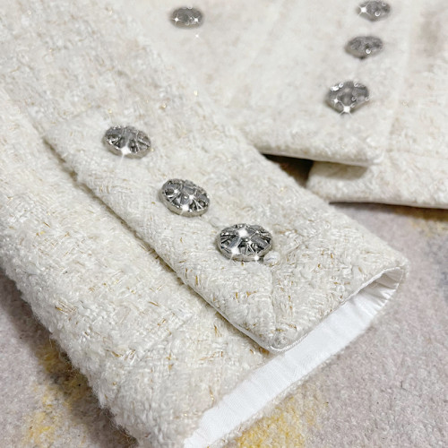 FFmiss◆白色羊毛呢編織圓領短外套女秋冬法式氣質顯瘦粗花呢開衫 FFmiss◆白色羊毛呢編織圓領短外套女秋冬法式氣質顯瘦粗花呢開衫