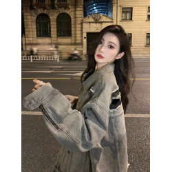 大碼美式復古牛仔夾克外套女春秋新款寬松百搭水洗破洞開衫上衣潮