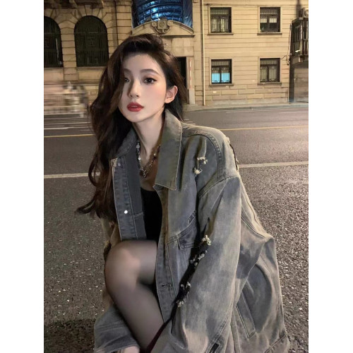 大碼美式復古牛仔夾克外套女春秋新款寬松百搭水洗破洞開衫上衣潮 大碼美式復古牛仔夾克外套女春秋新款寬松百搭水洗破洞開衫上衣潮