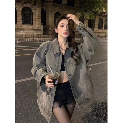 大碼美式復古牛仔夾克外套女春秋新款寬松百搭水洗破洞開衫上衣潮 大碼美式復古牛仔夾克外套女春秋新款寬松百搭水洗破洞開衫上衣潮