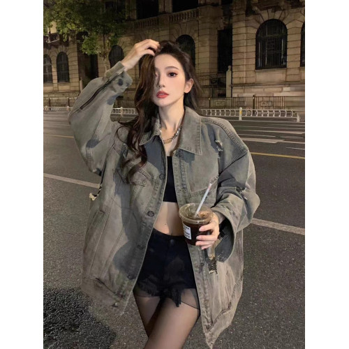大碼美式復古牛仔夾克外套女春秋新款寬松百搭水洗破洞開衫上衣潮 大碼美式復古牛仔夾克外套女春秋新款寬松百搭水洗破洞開衫上衣潮