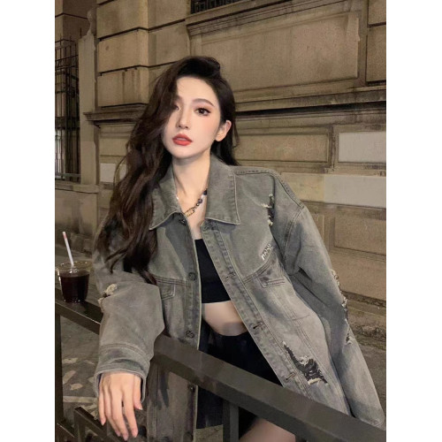 大碼美式復古牛仔夾克外套女春秋新款寬松百搭水洗破洞開衫上衣潮 大碼美式復古牛仔夾克外套女春秋新款寬松百搭水洗破洞開衫上衣潮