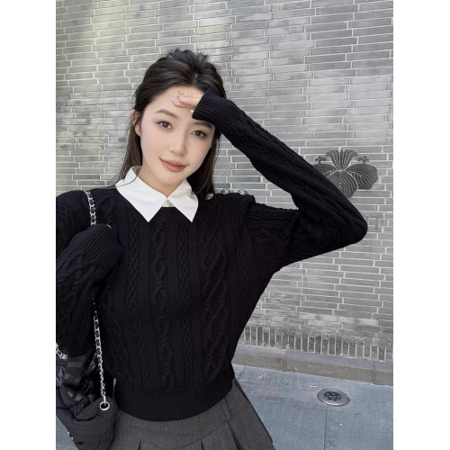 美式復古學院風假兩件絞花黑色毛衣女秋冬季高級感正肩針織衫上衣 美式復古學院風假兩件絞花黑色毛衣女秋冬季高級感正肩針織衫上衣