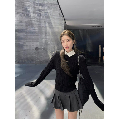 美式復古學院風假兩件絞花黑色毛衣女秋冬季高級感正肩針織衫上衣 美式復古學院風假兩件絞花黑色毛衣女秋冬季高級感正肩針織衫上衣