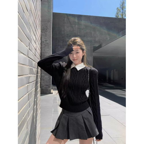 美式復古學院風假兩件絞花黑色毛衣女秋冬季高級感正肩針織衫上衣 美式復古學院風假兩件絞花黑色毛衣女秋冬季高級感正肩針織衫上衣