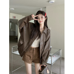 美式復古咖色皮衣外套女秋冬機車服PU皮夾克休閒寬鬆顯瘦氣質上衣
