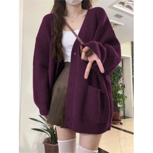 大碼胖MM紫紅色V領毛衣開衫外套女秋冬軟糯寬松高級感超好針織衫 大碼胖MM紫紅色V領毛衣開衫外套女秋冬軟糯寬松高級感超好針織衫