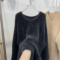 慵懶風V領馬海毛毛衣女秋冬新款軟糯水貂絨中長款針織打底衫上衣