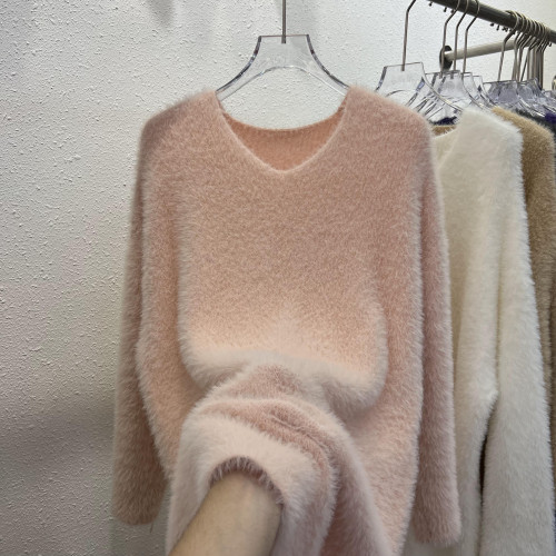 慵懶風V領馬海毛毛衣女秋冬新款軟糯水貂絨中長款針織打底衫上衣 慵懶風V領馬海毛毛衣女秋冬新款軟糯水貂絨中長款針織打底衫上衣