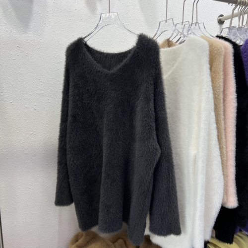 慵懶風V領馬海毛毛衣女秋冬新款軟糯水貂絨中長款針織打底衫上衣 慵懶風V領馬海毛毛衣女秋冬新款軟糯水貂絨中長款針織打底衫上衣