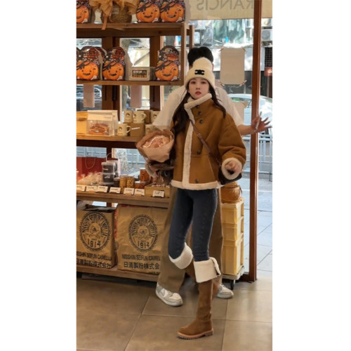 加厚皮毛一體麂皮絨短外套女2025冬季新款爆款復古寬松機車服秋冬