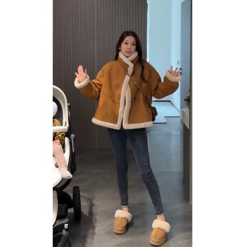 加厚皮毛一體麂皮絨短外套女2025冬季新款爆款復古寬松機車服秋冬