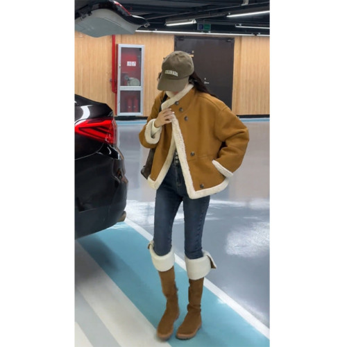 加厚皮毛一體麂皮絨短外套女2025冬季新款爆款復古寬松機車服秋冬