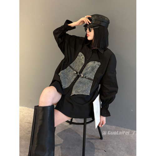 休閒2025秋冬季新款寬松長袖拼牛仔襯衫外套POLO領大碼女裝打底衫 休閒2025秋冬季新款寬松長袖拼牛仔襯衫外套POLO領大碼女裝打底衫