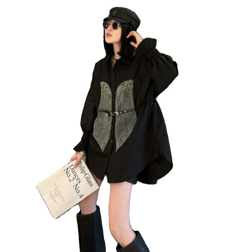 休閒2025秋冬季新款寬松長袖拼牛仔襯衫外套POLO領大碼女裝打底衫 休閒2025秋冬季新款寬松長袖拼牛仔襯衫外套POLO領大碼女裝打底衫