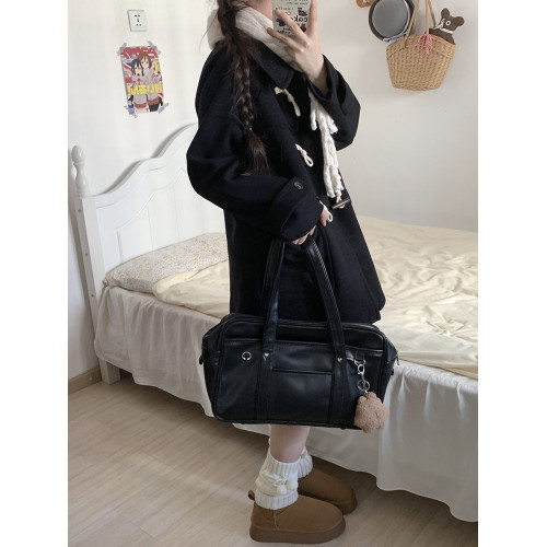 JK黑色牛角釦大衣夾棉加厚冬季日系中長款女冬毛呢外套小個子短款