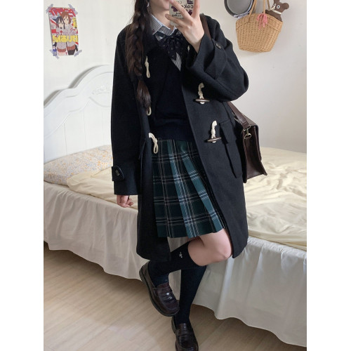 JK黑色牛角釦大衣夾棉加厚冬季日系中長款女冬毛呢外套小個子短款