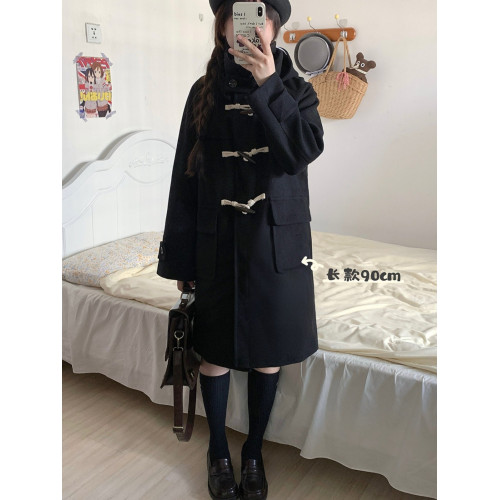 JK黑色牛角釦大衣夾棉加厚冬季日系中長款女冬毛呢外套小個子短款