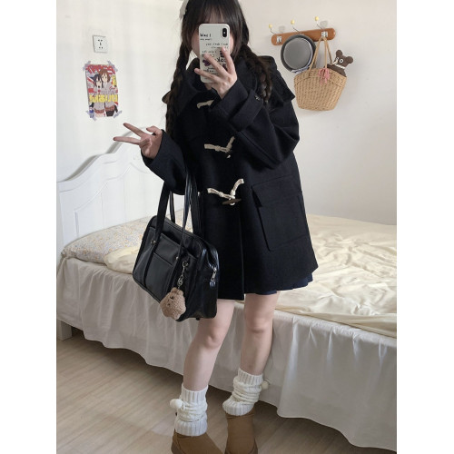 JK黑色牛角釦大衣夾棉加厚冬季日系中長款女冬毛呢外套小個子短款