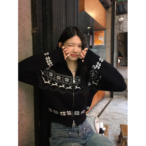 復古聖誕費爾島雙拉鍊黑色毛衣開衫外套女冬季小個子短款針織上衣 復古聖誕費爾島雙拉鍊黑色毛衣開衫外套女冬季小個子短款針織上衣