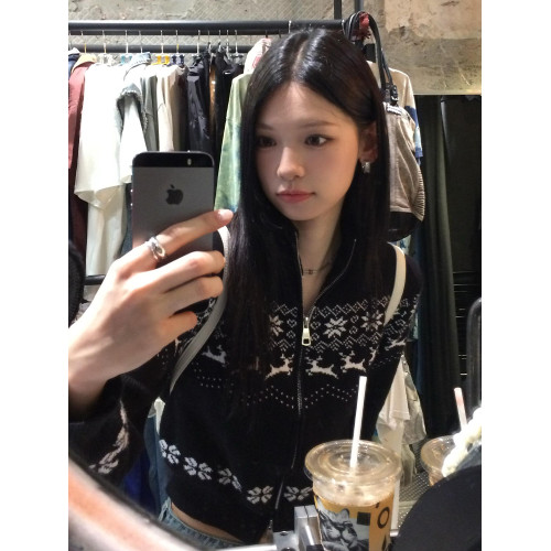 復古聖誕費爾島雙拉鍊黑色毛衣開衫外套女冬季小個子短款針織上衣 復古聖誕費爾島雙拉鍊黑色毛衣開衫外套女冬季小個子短款針織上衣