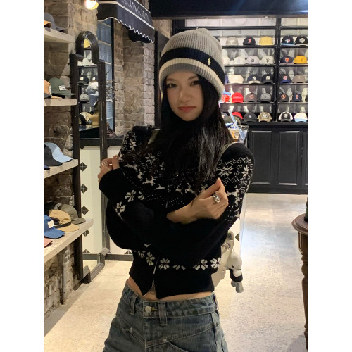 復古聖誕費爾島雙拉鍊黑色毛衣開衫外套女冬季小個子短款針織上衣 復古聖誕費爾島雙拉鍊黑色毛衣開衫外套女冬季小個子短款針織上衣