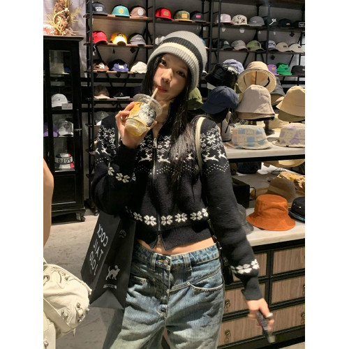 復古聖誕費爾島雙拉鍊黑色毛衣開衫外套女冬季小個子短款針織上衣 復古聖誕費爾島雙拉鍊黑色毛衣開衫外套女冬季小個子短款針織上衣