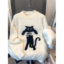 美式貓咪慵懶風寬松毛衣套頭毛絨針織衫上衣長袖秋冬