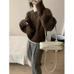 高級感咖色短款麻花毛衣女秋冬加厚圓領外穿慵懶風軟糯針織衫上衣