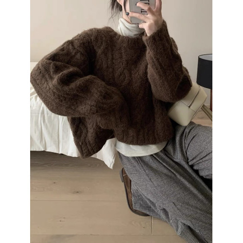 高級感咖色短款麻花毛衣女秋冬加厚圓領外穿慵懶風軟糯針織衫上衣 高級感咖色短款麻花毛衣女秋冬加厚圓領外穿慵懶風軟糯針織衫上衣