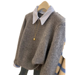 灰色假兩件polo領內搭羊絨毛衣女春季新款慵懶風寬松打底針織上衣